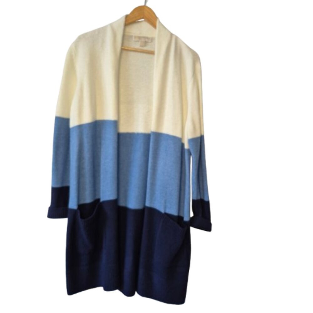 Michael Kors Blue and Cream Colour Block Longline Cardigan Duster Size Large